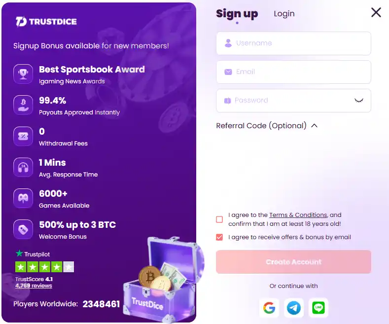TrustDice account access or verification interface