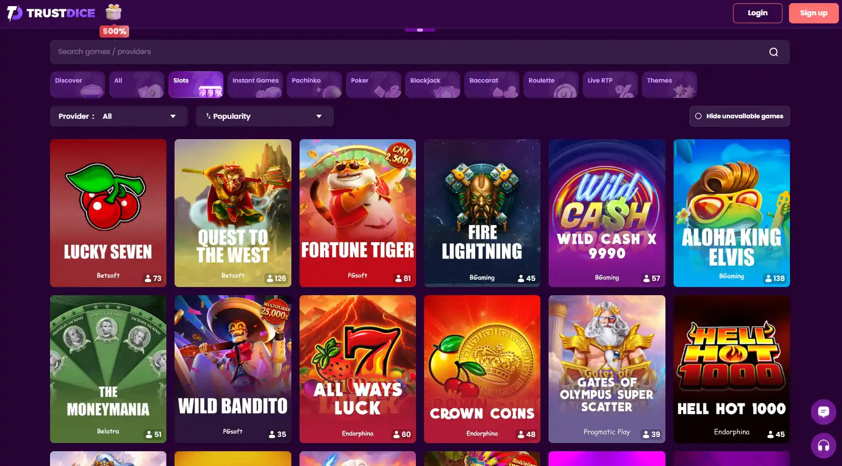TrustDice casino catalogue with game and category tiles