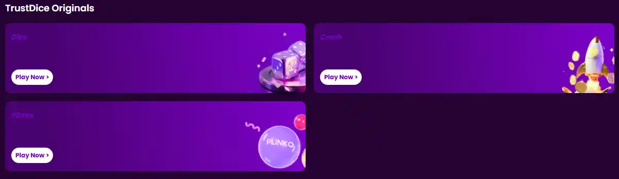 TrustDice originals catalogue showing first-party games